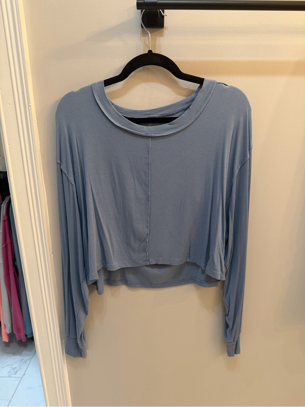 As Revival Cropped Long-Sleeve Top in Light Blue - Women's Casual Pullover